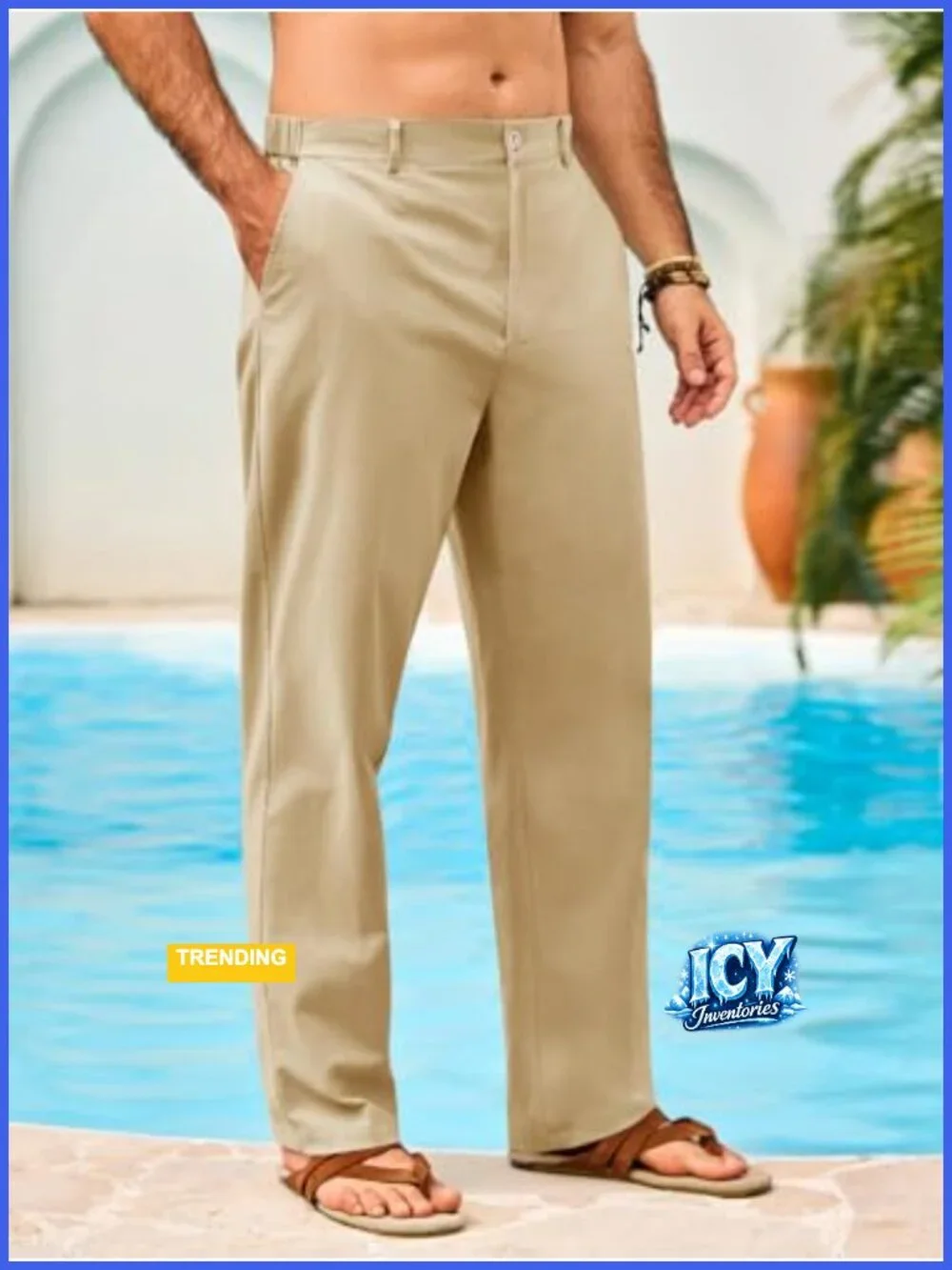 Men's Linen Cotton Elastic Waist Straight Leg Casual Pants with Pockets